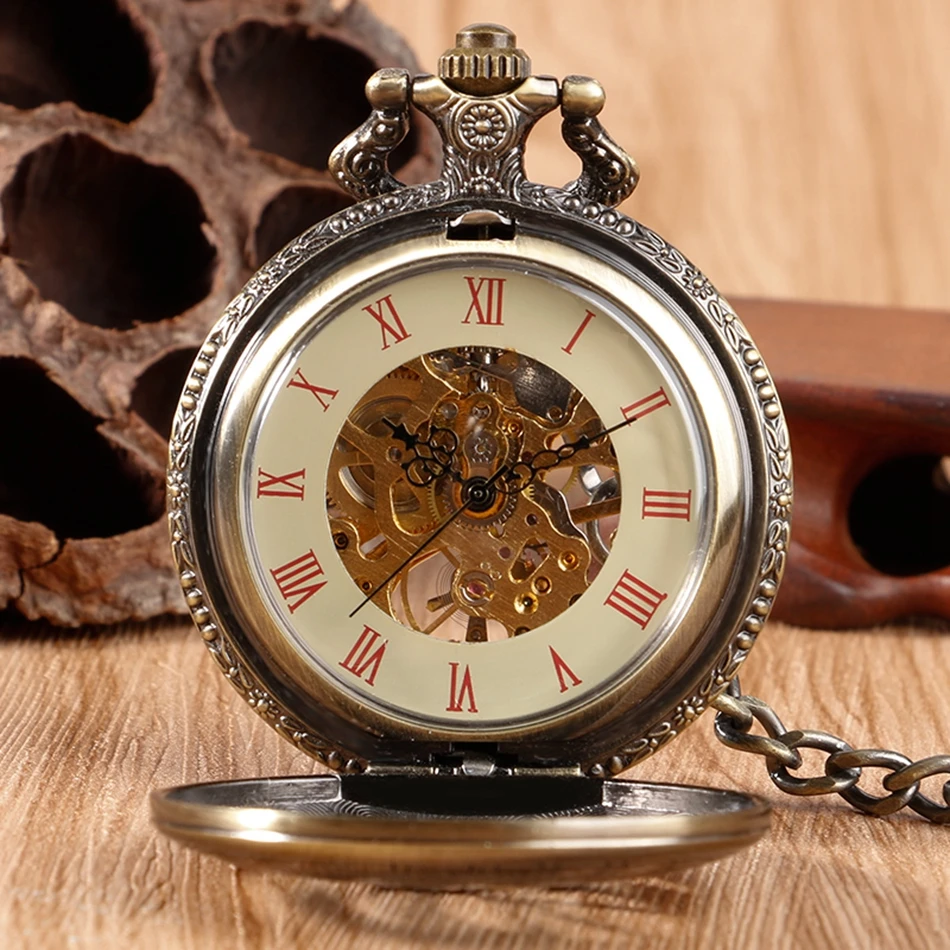 Ретро ручной обмотки Механические карманные бронзовые часы циферблат с римскими цифрами кулон цепочка брелок часы Скелет рождественские