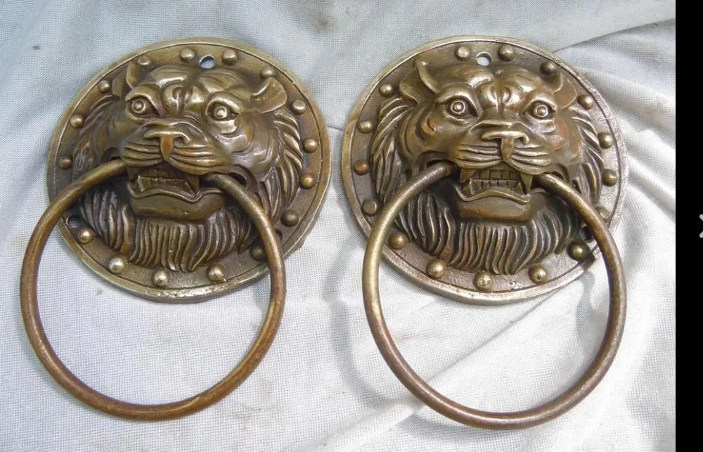 

671115328++China brass copper carved finely tiger knocker pair Sculpture statue