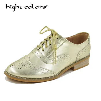 

High Quality Genuine Leather Color Matching Oxford Shoes For Women Lace-up Brogues Oxfords Flats Women Big Size Sapatos Mulher