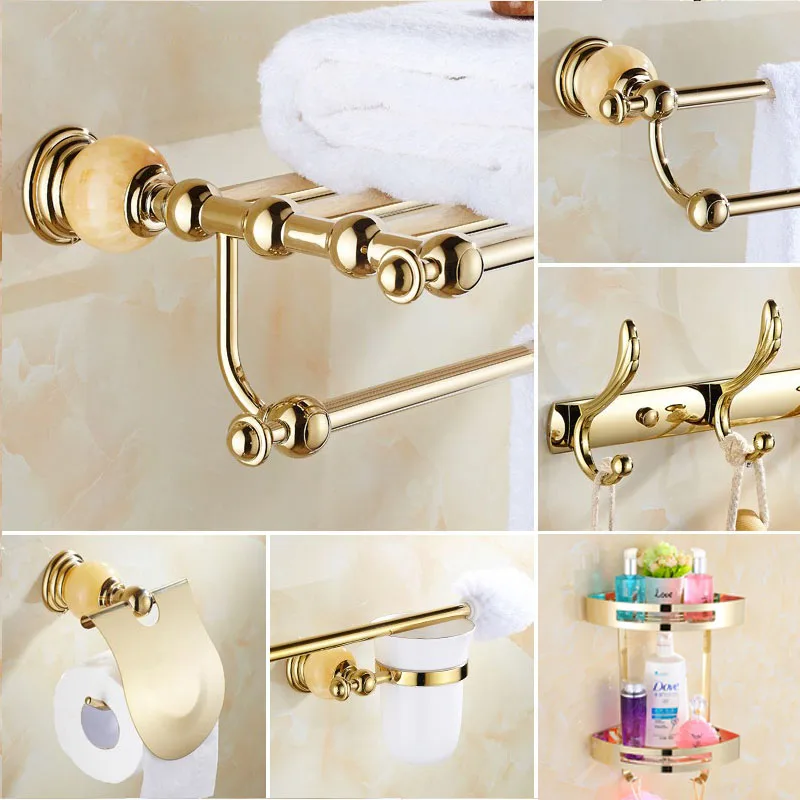 

European-style Gold Towel Rack Jade Base Bathroom Accessories Set Bathroom Hardware Jade Towel Racks YM0
