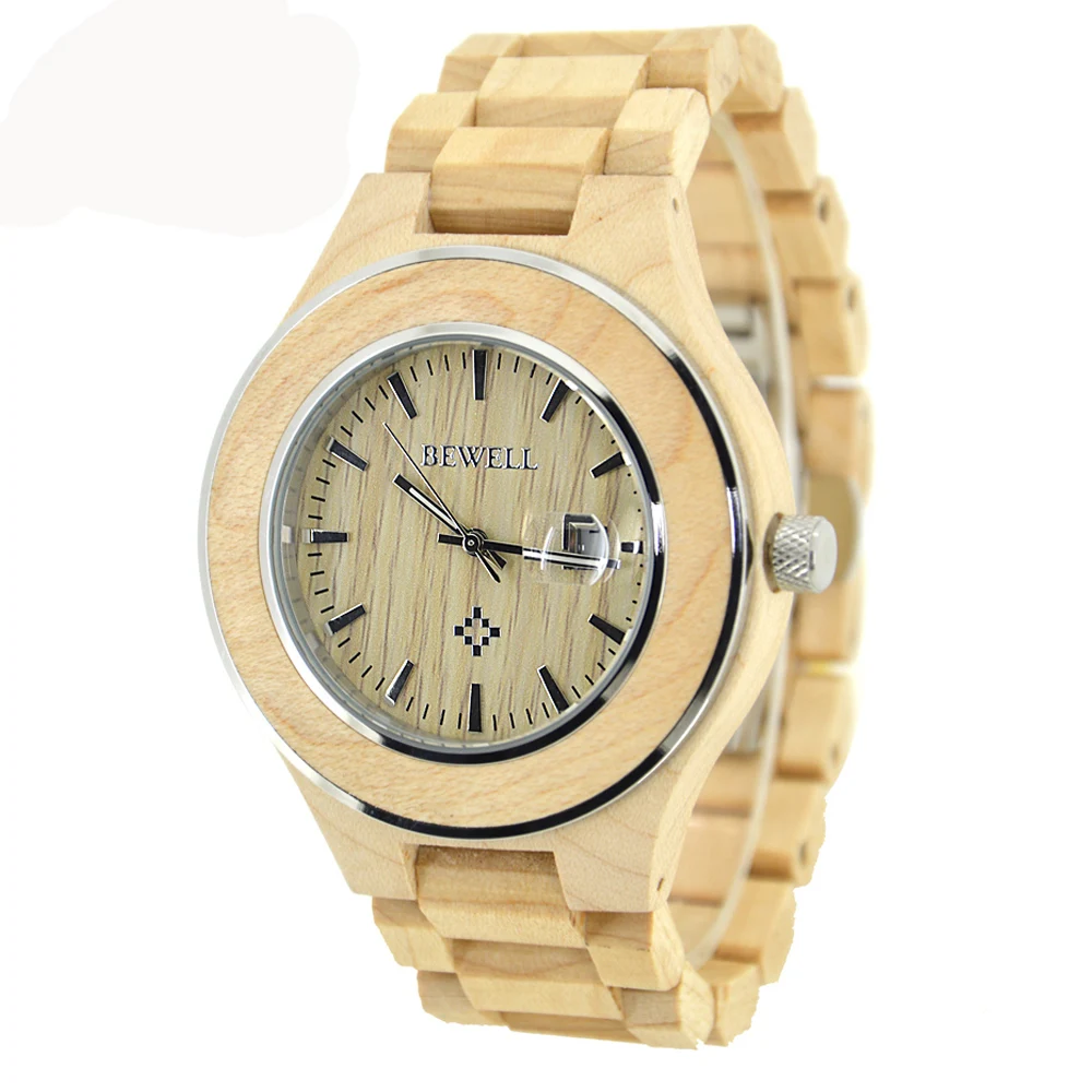 

BEWELL Wood Roman Numeral Watch Men Waterproof Quartz Wristwatch Calendar Display Luminous Pointers Relogio Masculino 100AG