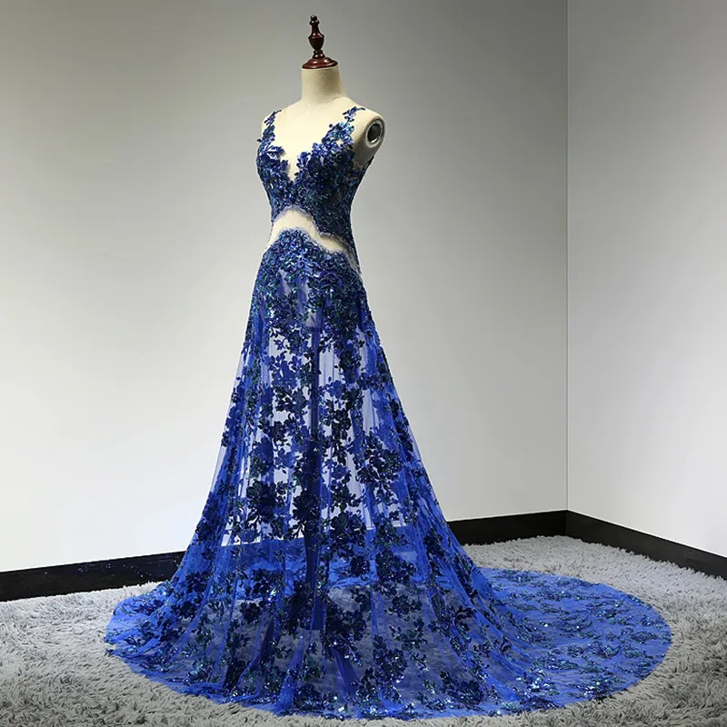 Вечернее платье с прозрачной вставкой и v-образным вырезом, настоящая фотография, тюль с аппликацией, ярко-синие вечерние платья, Robe de Soiree