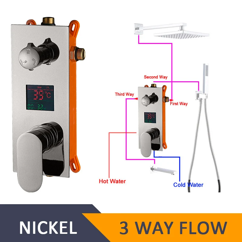 Quyanre светодиодный цифровой дисплей, душевая панель, смеситель, клапан, светодиодный душ, 2, 3 варианта, смеситель, цифровой дисплей, смеситель для душа, аксессуар - Цвет: Nickel 3 Way