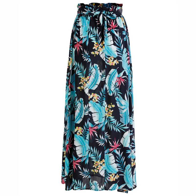 Summer Skirts Women Boho Maxi Skirt Beach Leaf Print Holiday Summer High Waist Long Skirt faldas mujer moda 2019 El verano H26 (9)
