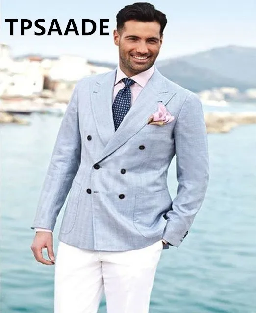 Light-Blue-Double-Breasted-men-suit-2018-White-Pants-Groom-Tuxedos-linen-Wedding-Linen-Mens-Prom_副本