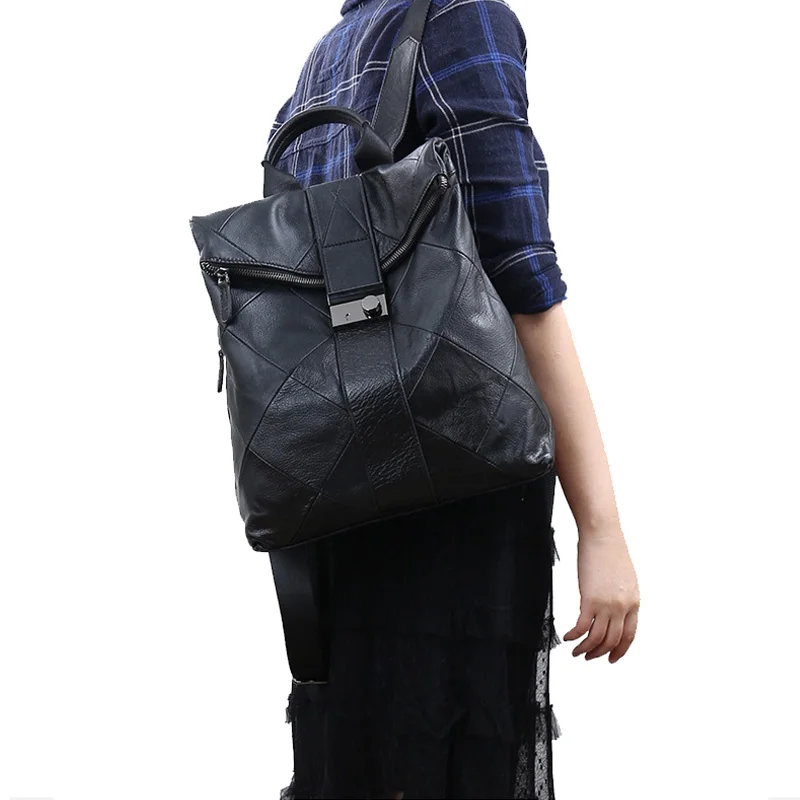 Zency Cowhide Leather Anti-theft Women Backpack Outdoor Travel Bag Large Capactiy Girl's Schoolbag Daily Knapsack Black