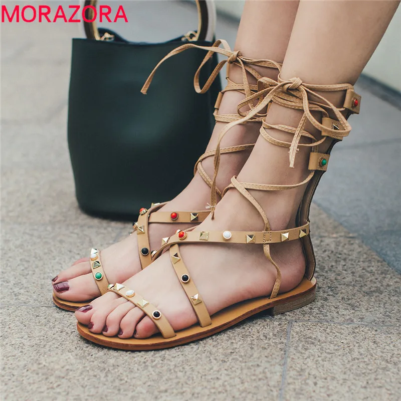 

MORAZORA 2019 newest women gladiator sandals rivet cross tied summer shoes simple zip comfortable flat shoes woman casual shoes