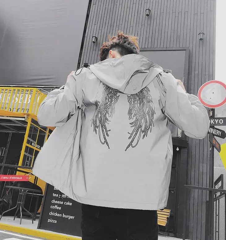

TANG New Hiphop Wings Letters Printed Couple Windbreaker Hooded Fluorescent Coats Outwear Men 3M Reflective Jacket Waterproof
