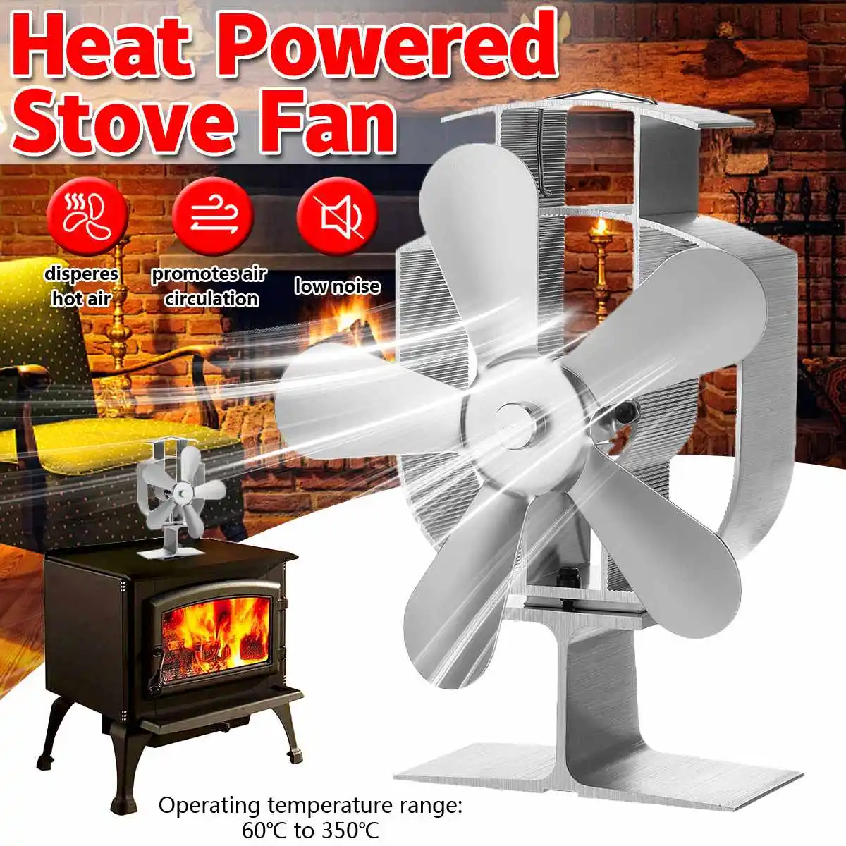 

Stove Fan 4 Blade Fireplace Fan Heat Powered komin Wood Burner Eco Fan Friendly Quiet Home Efficient Heat Distribution Silver