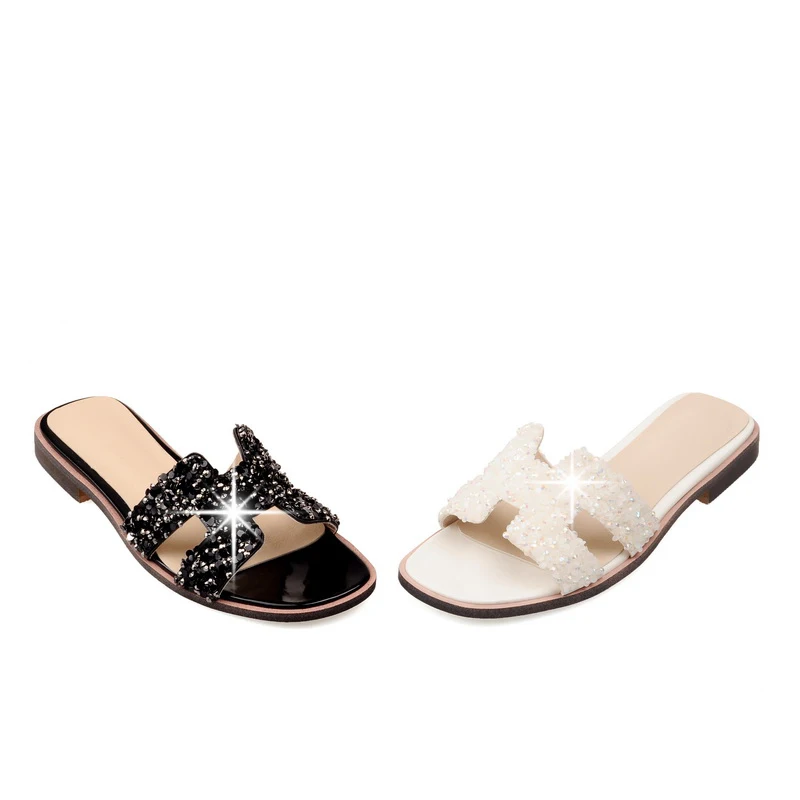 

PQECFS Big size 32-48 high quality summer fashion women casual rhinestones flat sandals 2 colors