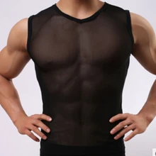 Мужское нижнее белье, однотонная майка, белая марлевая Мужская прозрачная безрукавка с v-образным вырезом, облегающий жилет, сетчатый топ