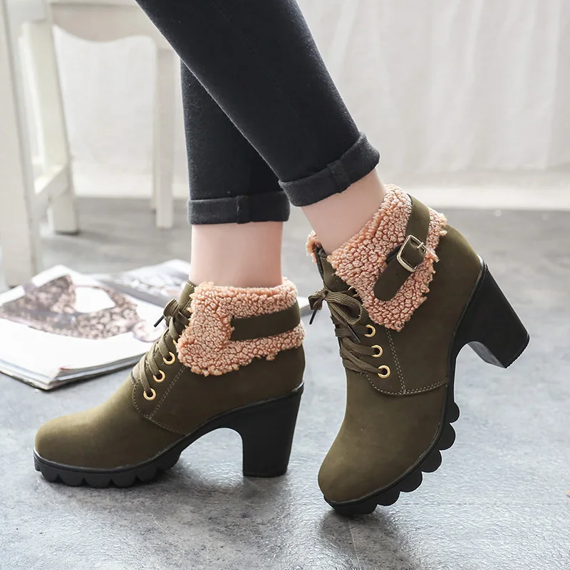 

High Quality Peluche Women Boots Female Faux Suede Plush Fur Warm Winter Shoes High Heels 2018 Fashion Outdoor Ankle Boots
