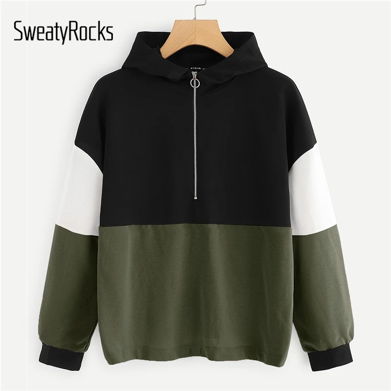 

SweatyRocks Athleisure Colorblock Half Placket Sweatshirt Stand Collar Women Clothes Autumn 2018 Casual Long Sleeve Sweatshirts