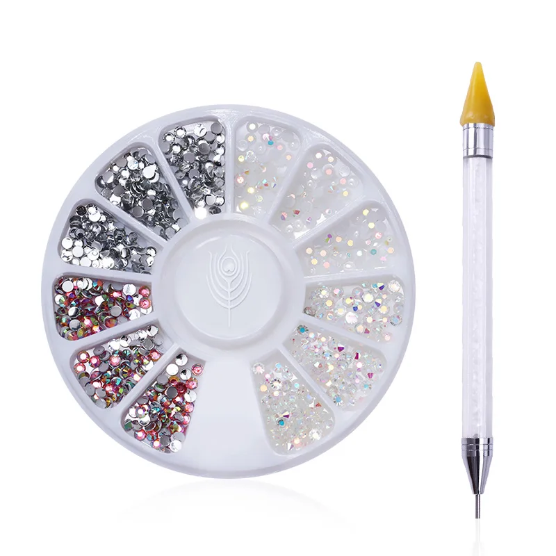 1 коробка, цветные стразы маркизы, разноцветная форма, плоское дно, 3D украшение для ногтей, колесо с двойным концом, распиловочная ручка, восковый карандаш