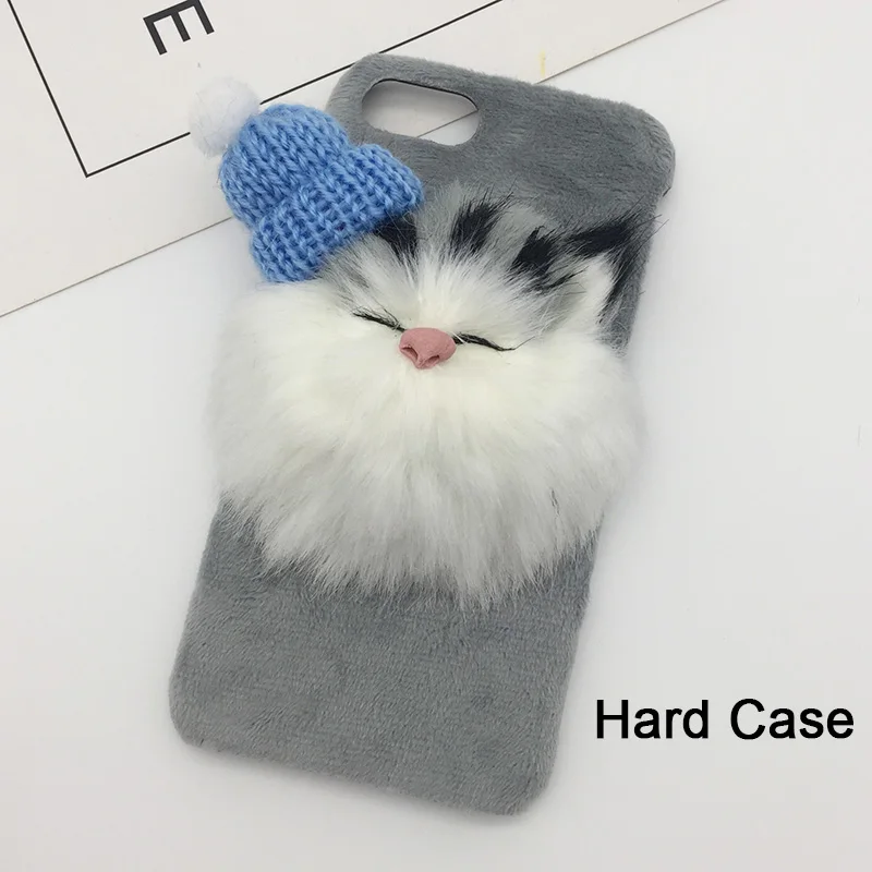 Милый Кот пушистый меховой чехол для телефона для iPhone XS MAX XR X силиконовый Жесткий чехол из ПК прекрасное покрытие для iPhone 8 Plus 7 6s 6 Plus Рождественский чехол - Цвет: Gray Hat Cat Hard PC