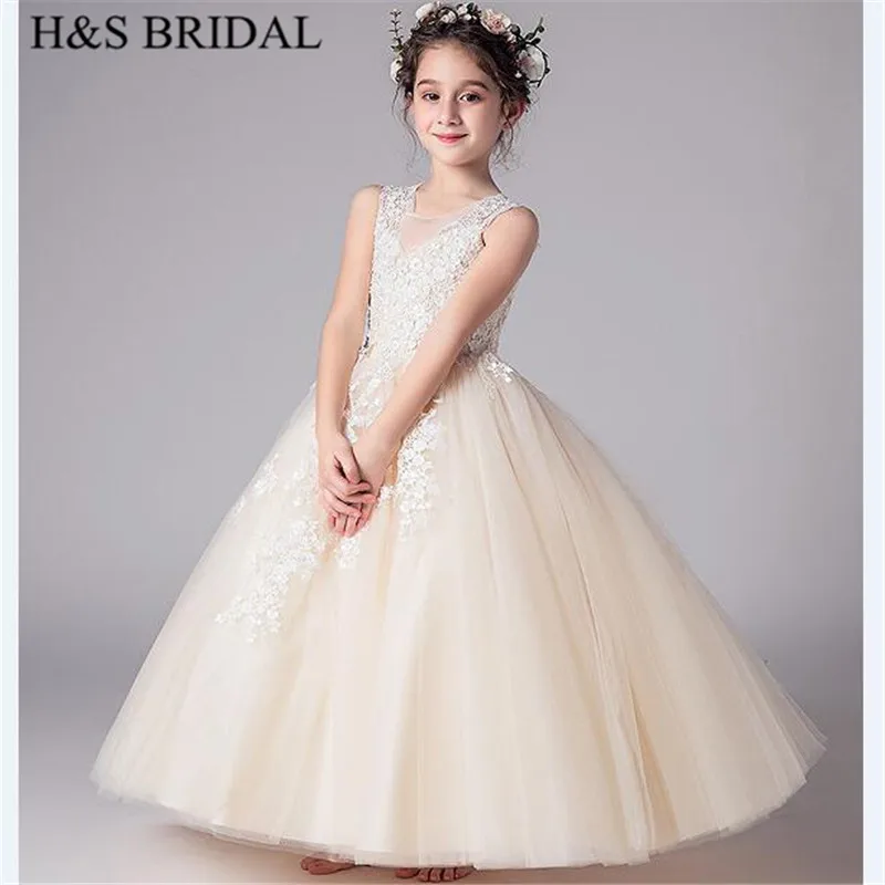 H & S Свадебное Шампанское цветок платья для девочек длинные платья для первого причастия От 2 до 12 лет для девочек платье для свадьбы vestido de