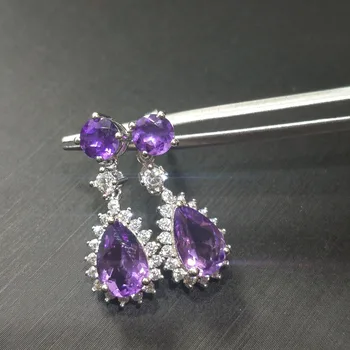 

FLZB, Fine Jewelry Earring with Natural Amethyst Gemstone 100% 925 Sterling Silver with 18k white gold trendy long earrings