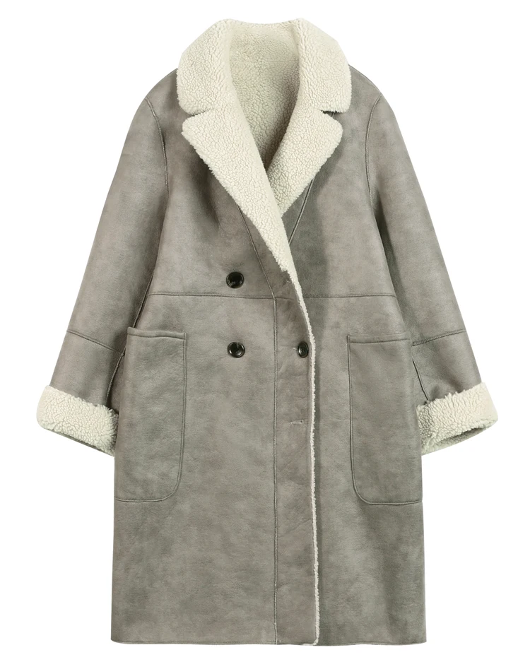 SAM'S TREE/серое однотонное замшевое пальто Pacthwork Teddy Lazy для женщин зимняя двубортная плюшевая женская теплая верхняя одежда