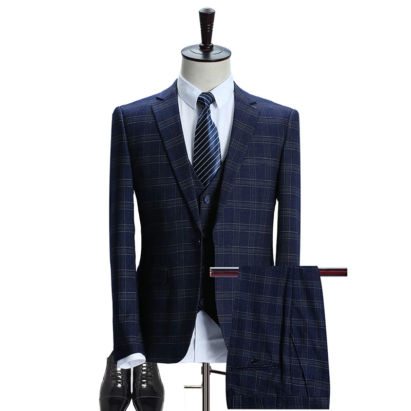 Mens Plaid Suit 2018 Slim Fit Wedding Suits Men High Quality Business Formal Suits 3 Piece Jacket Pants Vest (Jacket+Vest+Pants)