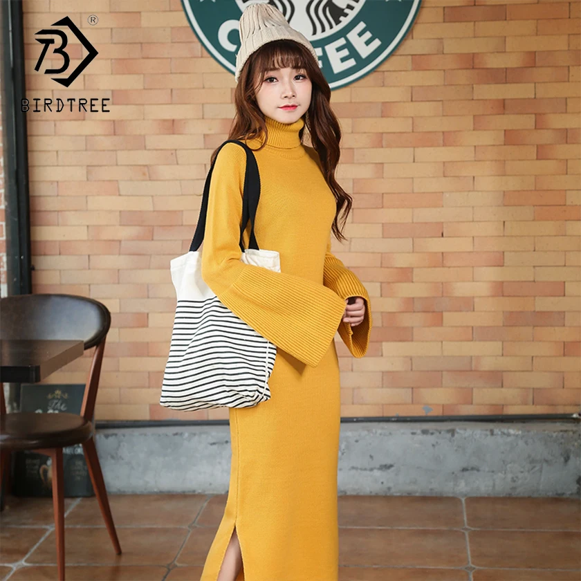 

2018 Autumn New Arrival Women's Dresses Fashion Office Lady Straigt Solid Knittinfg Flare Sleeve Mid-Calfre clothing D87007Y