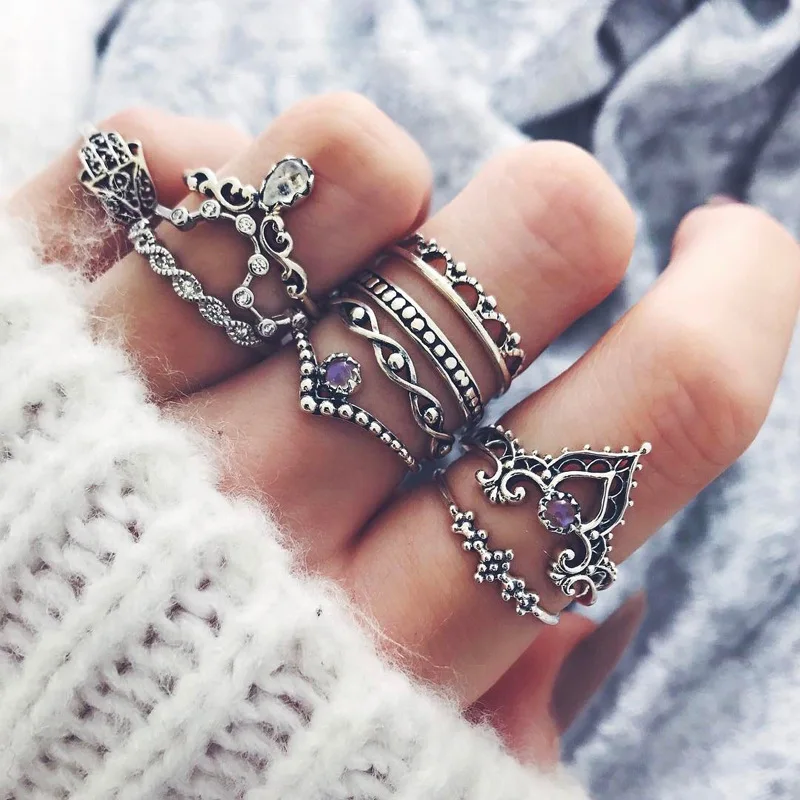 

10pcs Retro Silver Color Bohemian Hollow Carved Rhinestone Ring Set For Women Finger Jewelry