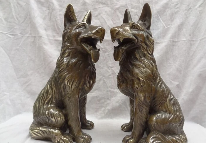 

USPS to USA S1697 13" Chinese Bronze Folk Animal Year Zodiac FengShui Wealth Wolf Dog Statue Pair B0401