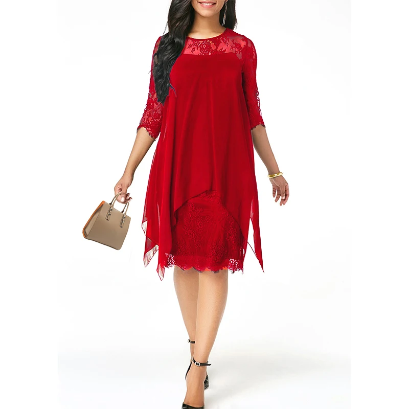 Новинка, модное женское шифоновое короткое платье с коротким рукавом, элегантное кружевное платье с круглым вырезом размера плюс, 3XS-5XL, 15 цветов - Цвет: red