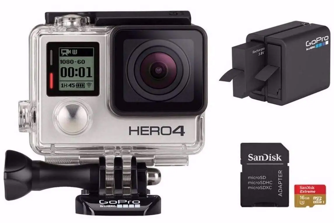 Для GoPro HD Hero 4 Серебряный экшн-видеокамера с двойной Батарея Зарядное устройство и 16GB MicroSD карты