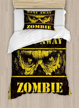 

Zombie Duvet Cover Set , Danger Stay Away Outbreak Message Monster Warning Sign Graphic Design, 4 Piece Bedding Set