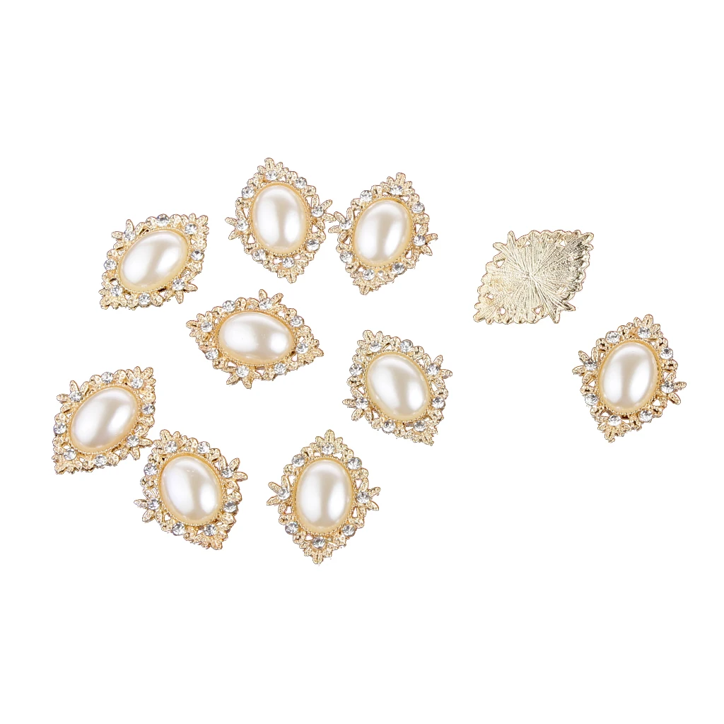 Phenovo 10 Pearl Oval Rhinestone Button Flatback Embellishment Craft Gold