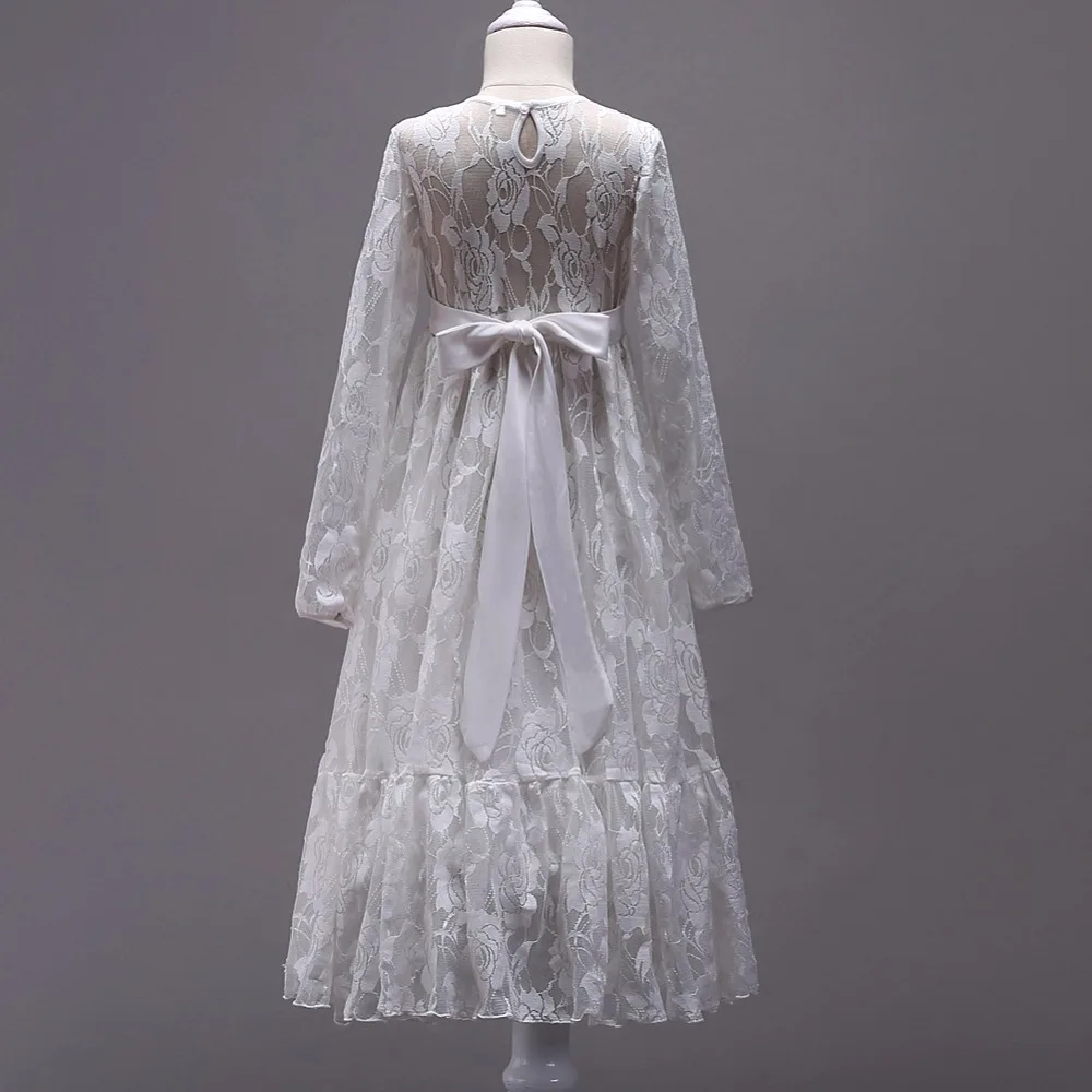 Красивое белое кружевное длинное платье с цветочным узором для девочек; коллекция года; пышные платья с длинными рукавами для девочек; платья для причастия с круглым вырезом; vestido comunion
