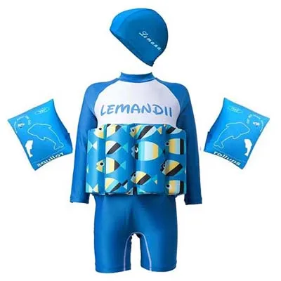 Плавучие купальные костюмы с принтом для девочек Мальчики Купальники Детские тренировочные костюмы для плавания шляпа надувные рукава - Цвет: Blue fish