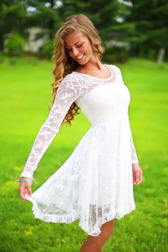 Short Country Wedding Dresses With Long Sleeves Crystal Neckline