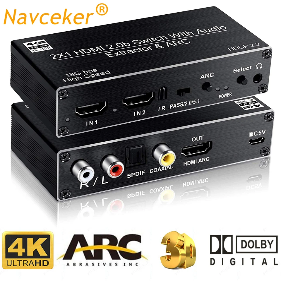 Navceker 2x1 HDMI 2,0 переключатель 4 K 60Hz HDMI переключатель поддержка CEC, ARC и оптический Toslink HDR Переключатель HDMI 2,0 для PS3 PS4 Pro