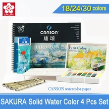 SAKURA Peinture Solide Couleur De L’eau 18/24/30 Couleurs Ensembles, Couleur de L’eau Solide + Aiguille Stylo + l’eau Brosse + Aquarelle Papier, Croquis Couleur