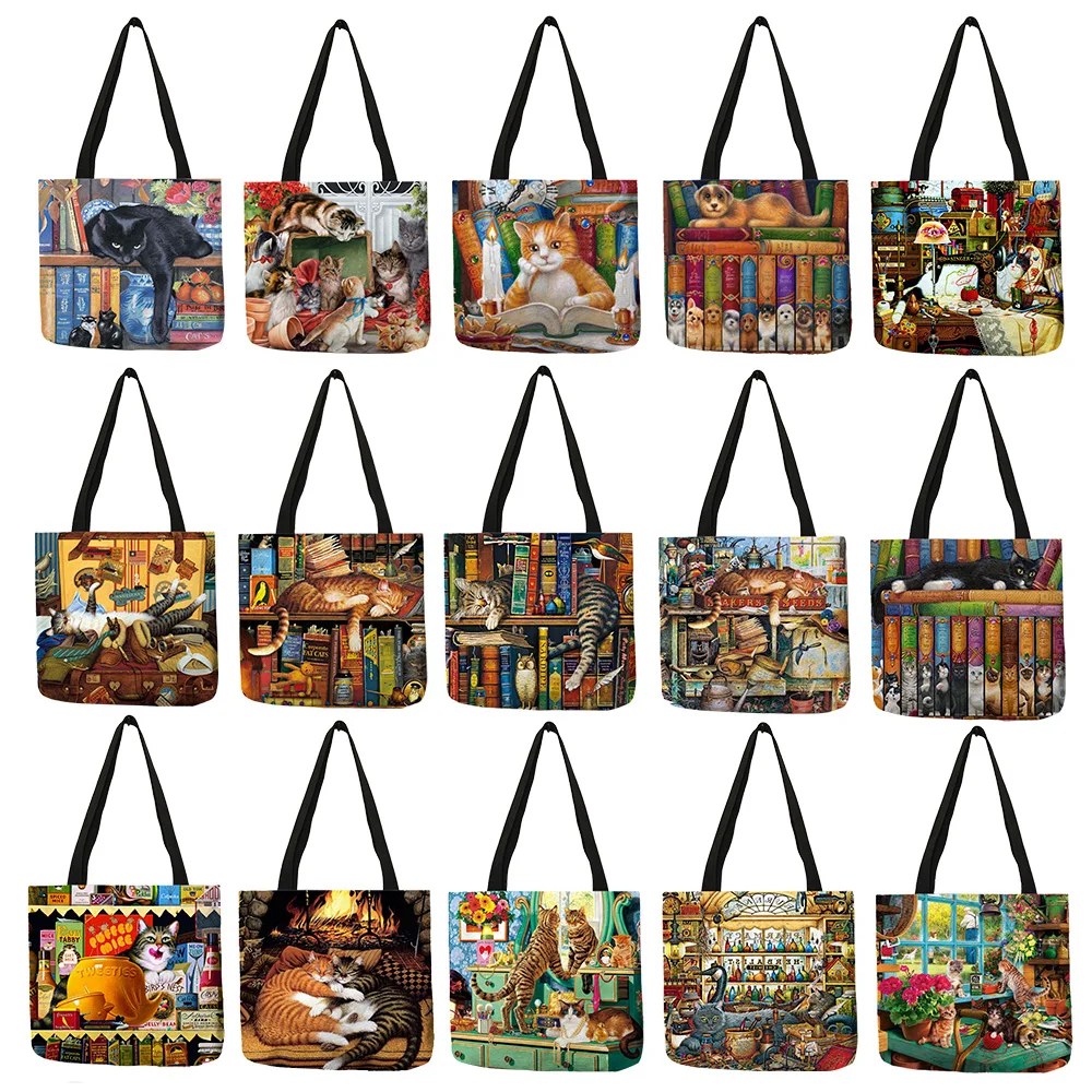  Popular Hand Bags for Women 2018 Naughty Bookshelf Cat Printing Totes Eco Linen Large Capacity Casu - 32943273048