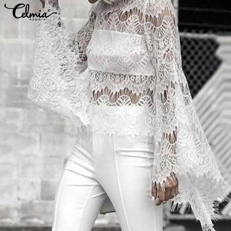 

2019 Summer Top Celmia Elegant White Lace Blouse Women Shirts Long Flare Sleeve Ladies Hollow Out Sexy Blusa Femininas Plus Size
