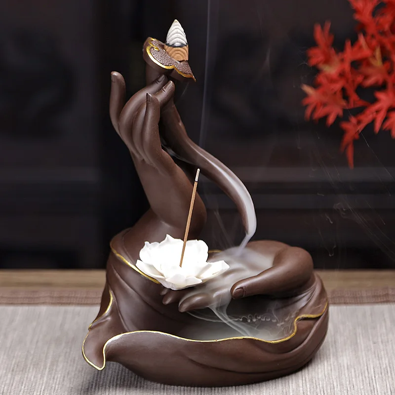 Buddha Hand Statue Backflow Incense Burner Ceramic Burner Backflow Incense Holder Lotus Flower Creative With 10pcs Incense Cones