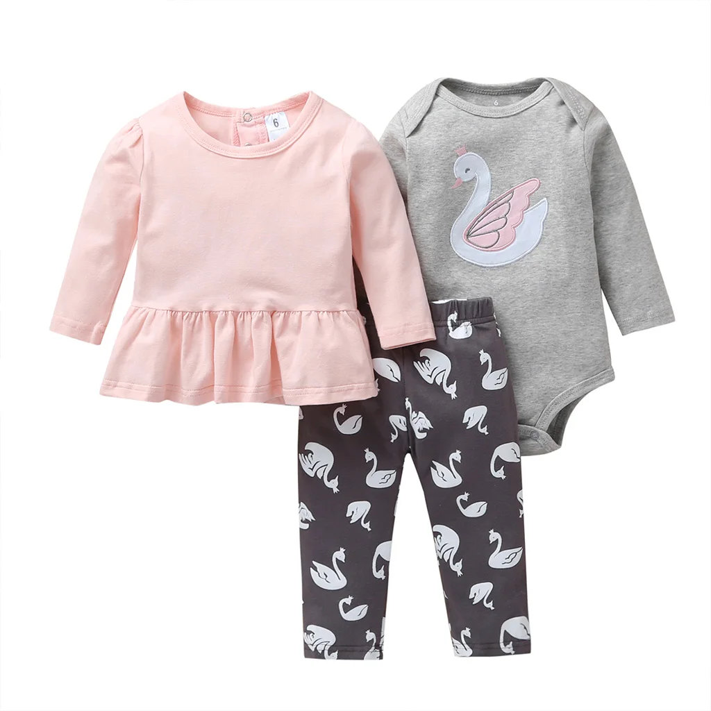 

baby girl autumn outfit pink T-shirt dress+romper+pants long sleeve set newborn 2021 clothes new born swan babies clothing