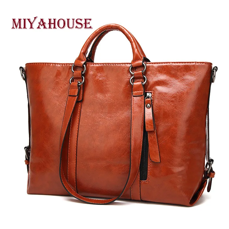 

Miyahouse Oil Wax Leather Tote Handbag Foe Vintage Leather Shoulder Bag Women Female Large Capacity Handbag Lady