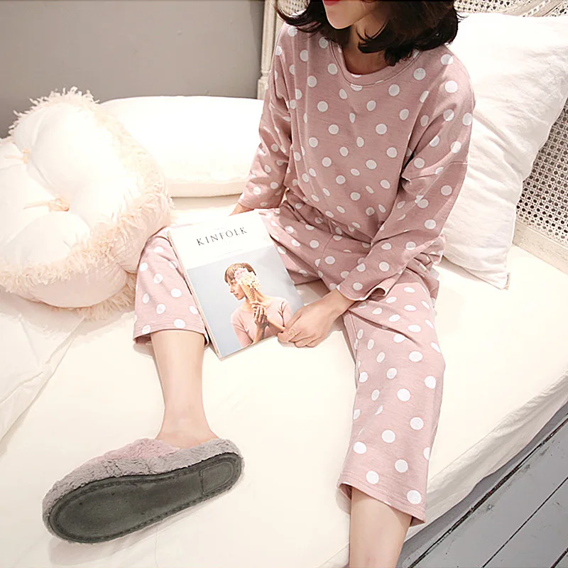 Polka Dot Cute Sweet Women Pajamas Set Soft Long Sleeve O-neck Pants Women's Home Clothes Spring Sweet Female Nightie XXL - Цвет: Pink