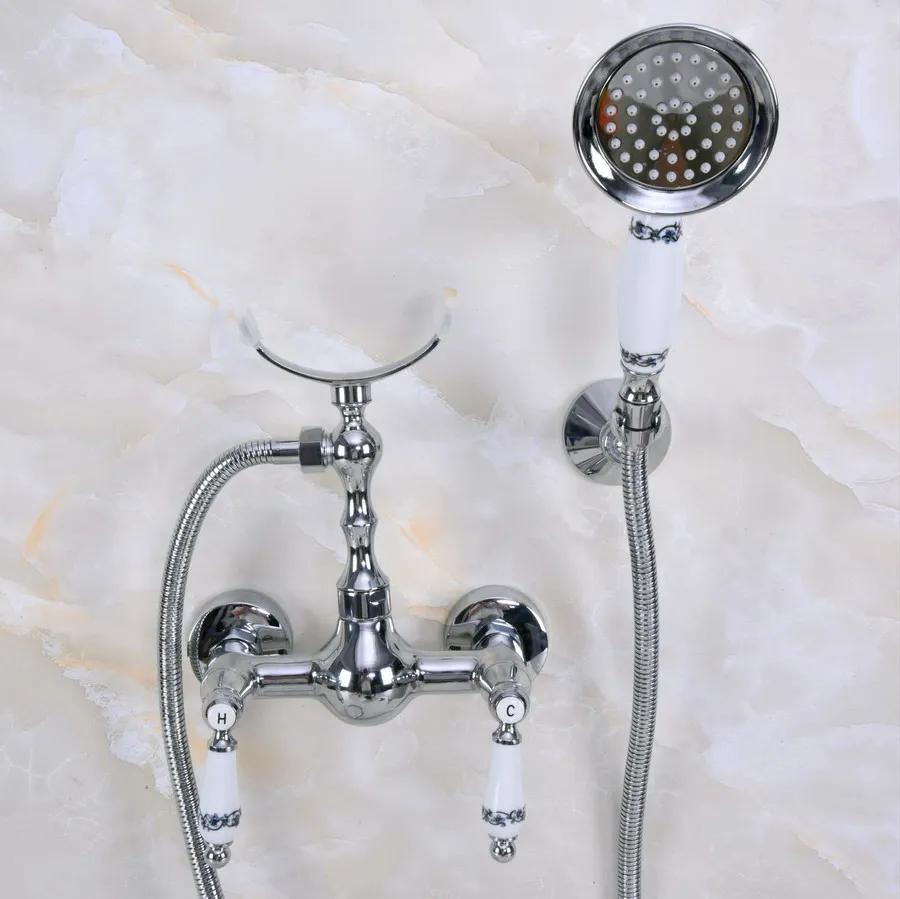 

Modern Wall Mount Polished Chrome Brass Bathroom Clawfoot Hand Shower Faucet Mixer Tap Set Telephone Shape Hand Spray ana265