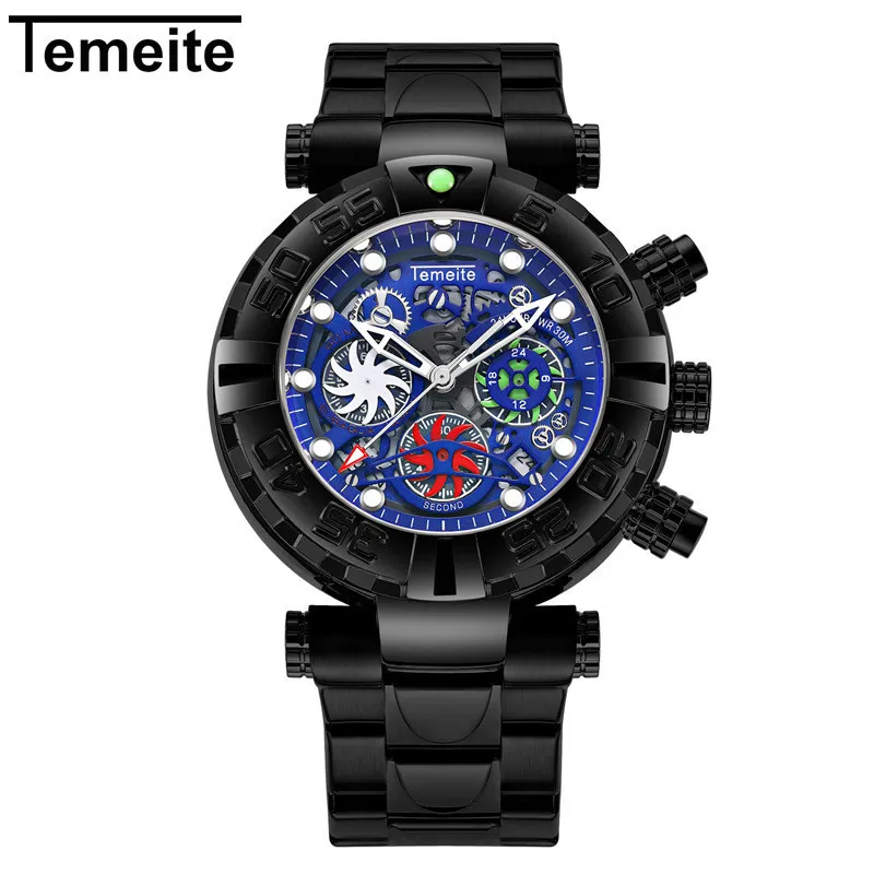 Temiete бизнес часы мужские роскошные модные золотые наручные часы креативные большие красочные кварцевые часы Мужские Спортивные Хронограф Relogio - Цвет: Black Blue