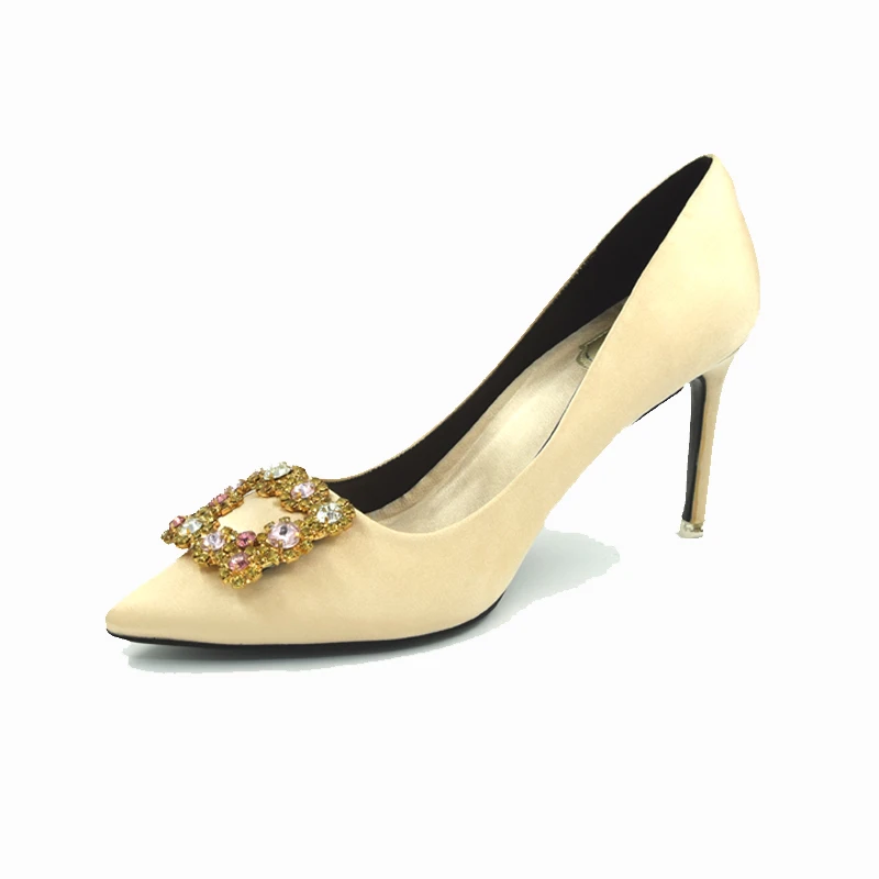 

Satin Cloth Material Square Crystal Buckle Women High Heels Sweet Women Wedding Party Shoes