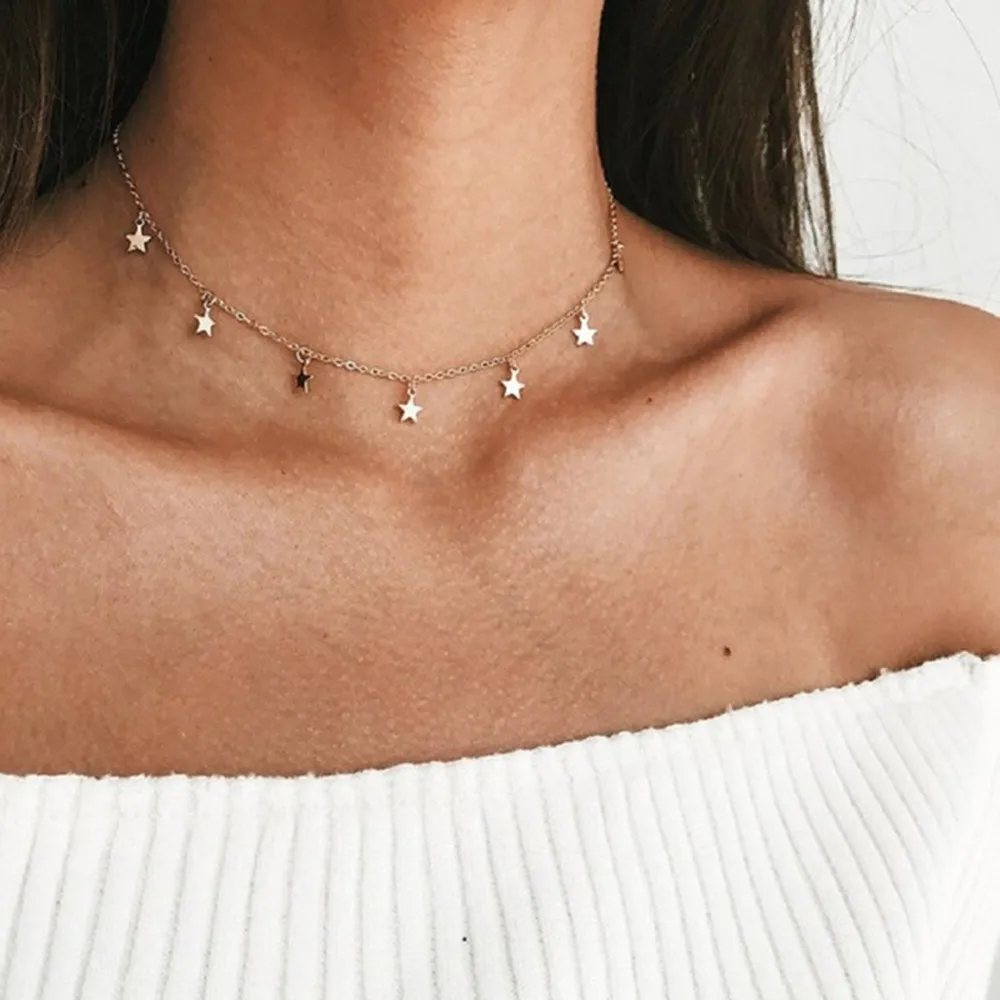 

Copper Stars Pendant Choker Necklace Jewelry Fashion Adjustable Neck Collar for Women Statement Necklace erkek kolye 4H