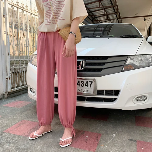 pink Брюки для девочек для женщин летние корейские мода Свободные высокие универсальные брюки Chic s Ретро Капри прямого кроя эластичные однотонные - Цвет: pink