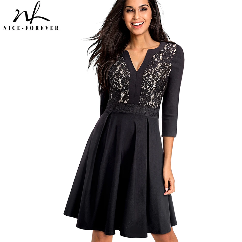 

Nice-forever Vintage Solid Black Flower Lace Patchwork Elegant vestidos 3/4 Sleeve A-Line Pinup Business Women Flare Dress A056