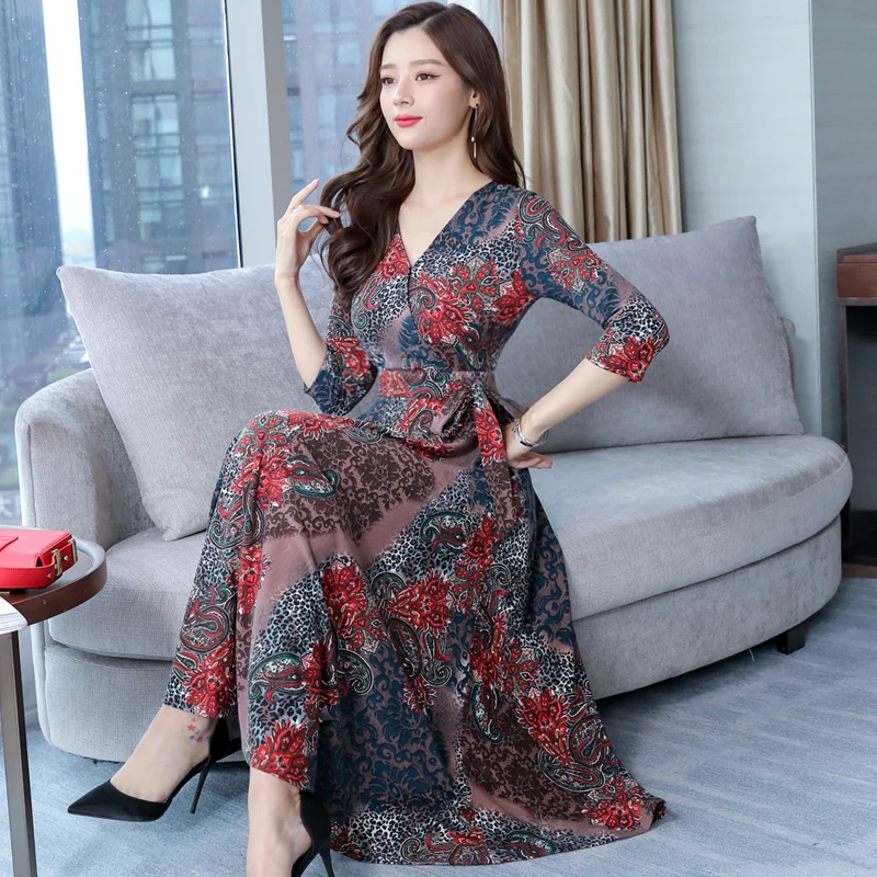 

2019 Summer Hot Sale New Arrival V Collar Half Sleeve Flower Printed Woman Chiffon Long Dress
