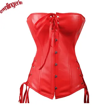 

Fashion Top Black and Red Leather Corsets and Bustier Hook Front Overbust Corselet Steampunk Corset Gothic Clothing w6018