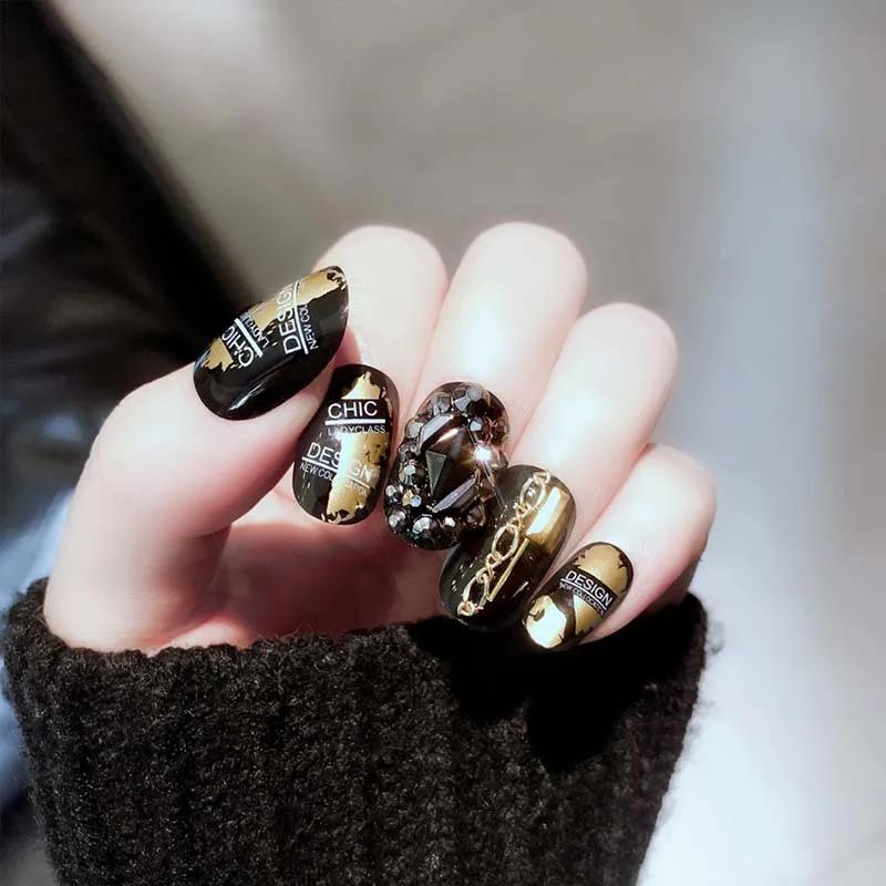 Металлические панк Модные персональные блестки 3D черный кристалл дизайн 24 шт поддельные ногти с клеем короткий круглый полный покрытие